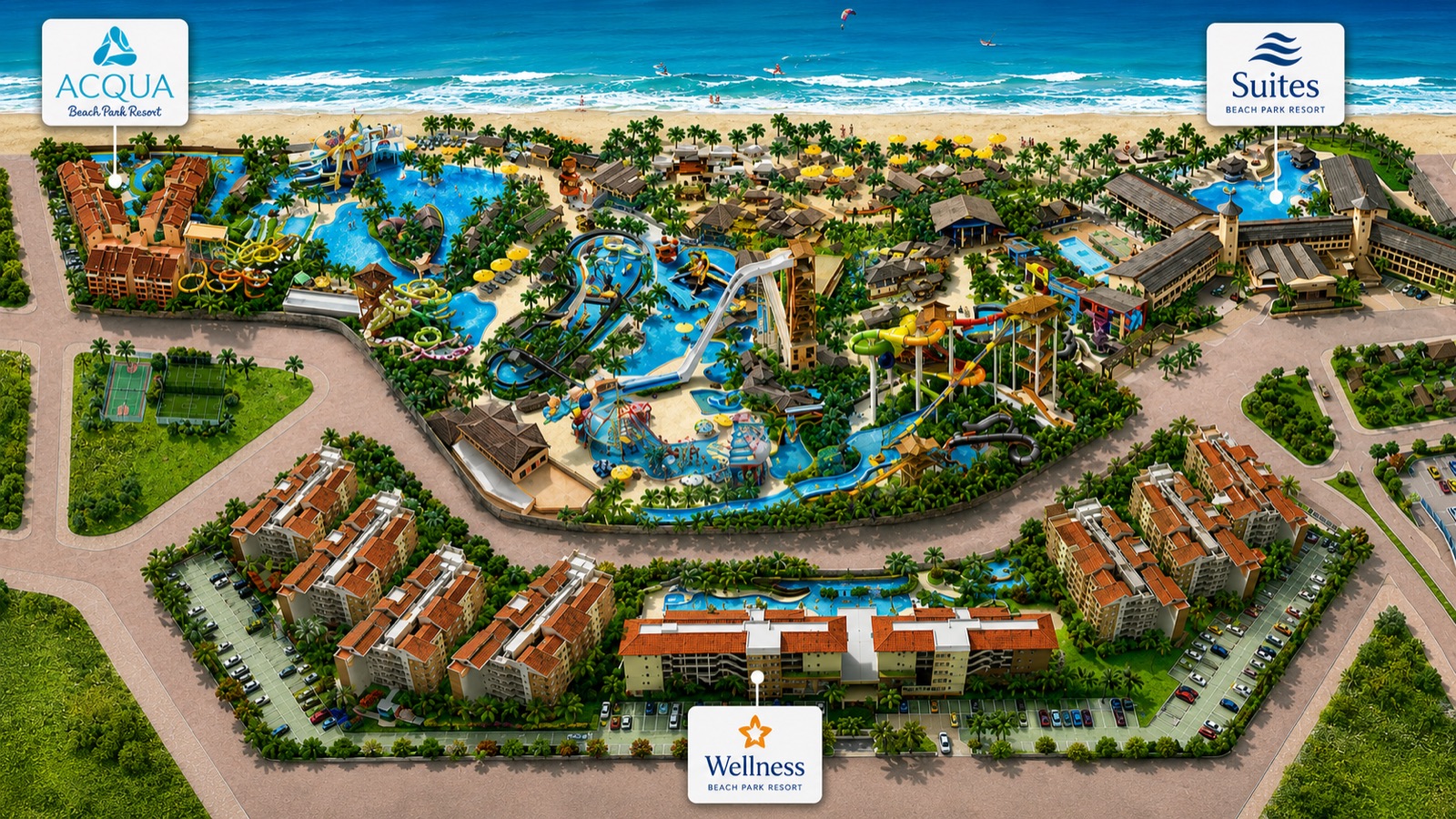 Maquete ilustrada do complexo Beach Park: os resorts Acqua, Suites e Wellness, o parque aquático e os apartamentos da região ao redor.